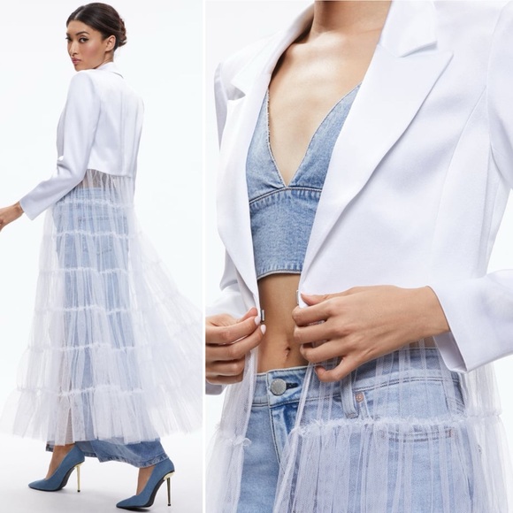 NWT ALICE + OLIVIA Everly Drama Tulle Maxi Blazer in White Size XS - Picture 10 of 17
